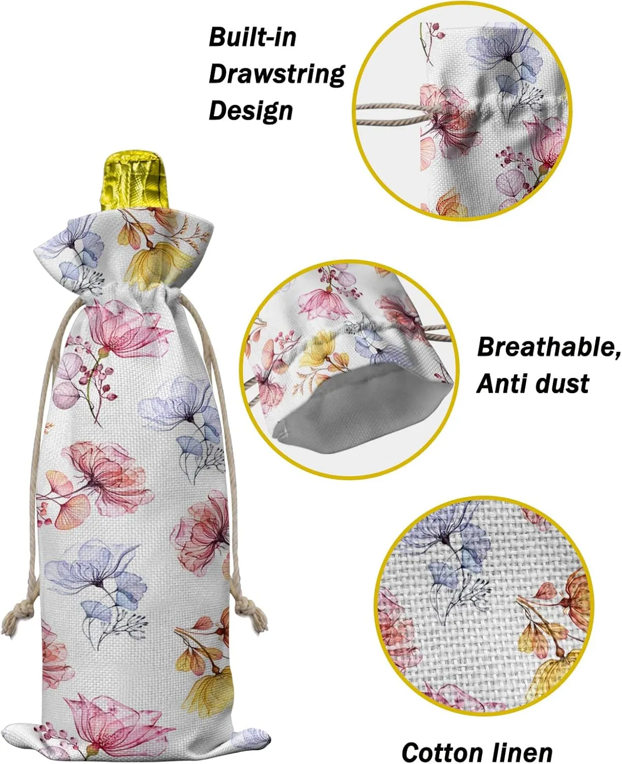Blue Pink Yellow Wine Bottle Bags Wine Bottle Cover with Drawstring, Retro Floral Flower Botanical Herb White Gift Bag for Champagne, Wedding, Birthday, Party
