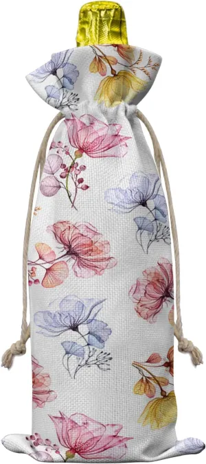 Blue Pink Yellow Wine Bottle Bags Wine Bottle Cover with Drawstring, Retro Floral Flower Botanical Herb White Gift Bag for Champagne, Wedding, Birthday, Party
