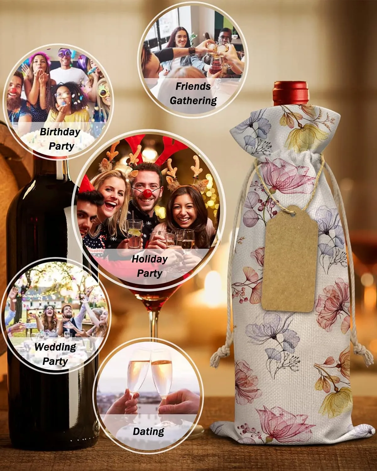 Blue Pink Yellow Wine Bottle Bags Wine Bottle Cover with Drawstring, Retro Floral Flower Botanical Herb White Gift Bag for Champagne, Wedding, Birthday, Party