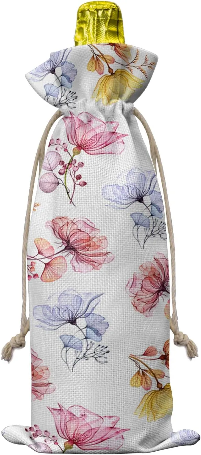 Blue Pink Yellow Wine Bottle Bags Wine Bottle Cover with Drawstring, Retro Floral Flower Botanical Herb White Gift Bag for Champagne, Wedding, Birthday, Party