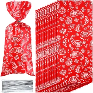 Blulu 100 Pieces Western Bandana Cellophane Bags Red Bandana Print Cello Treat Cookie Candy Bags with 100 Pieces Silver Twist Ties for Western Cowboy Theme Party Favor