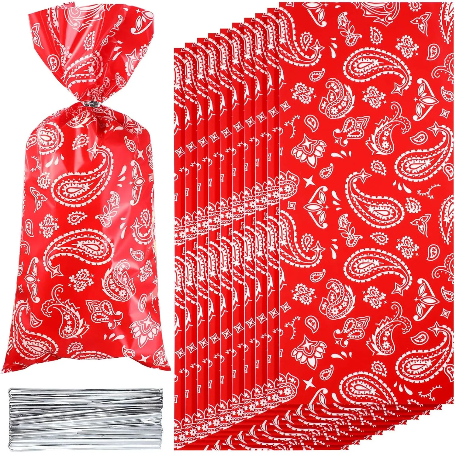 Blulu 100 Pieces Western Bandana Cellophane Bags Red Bandana Print Cello Treat Cookie Candy Bags with 100 Pieces Silver Twist Ties for Western Cowboy Theme Party Favor