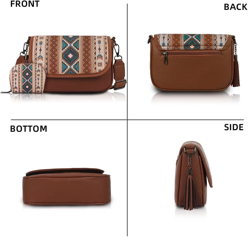 Boho Style 2pcs Lightweight Crossbody Shoulder Bags Vintage Pattern Small Handbag, Multi-Purpose Purse for Travel, Vacation