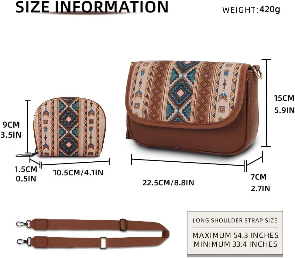 Boho Style 2pcs Lightweight Crossbody Shoulder Bags Vintage Pattern Small Handbag, Multi-Purpose Purse for Travel, Vacation