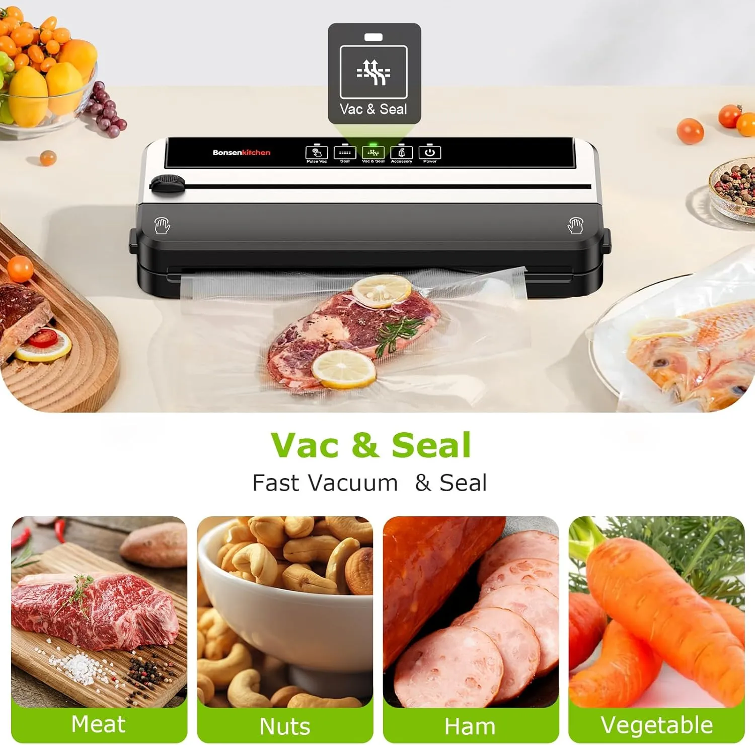 Bonsenkitchen Food Vacuum Sealer, Multi-functional & Compact Vacuum Sealer Machine with 10 Vacuum Bags | Bag Cutter | (Silver)