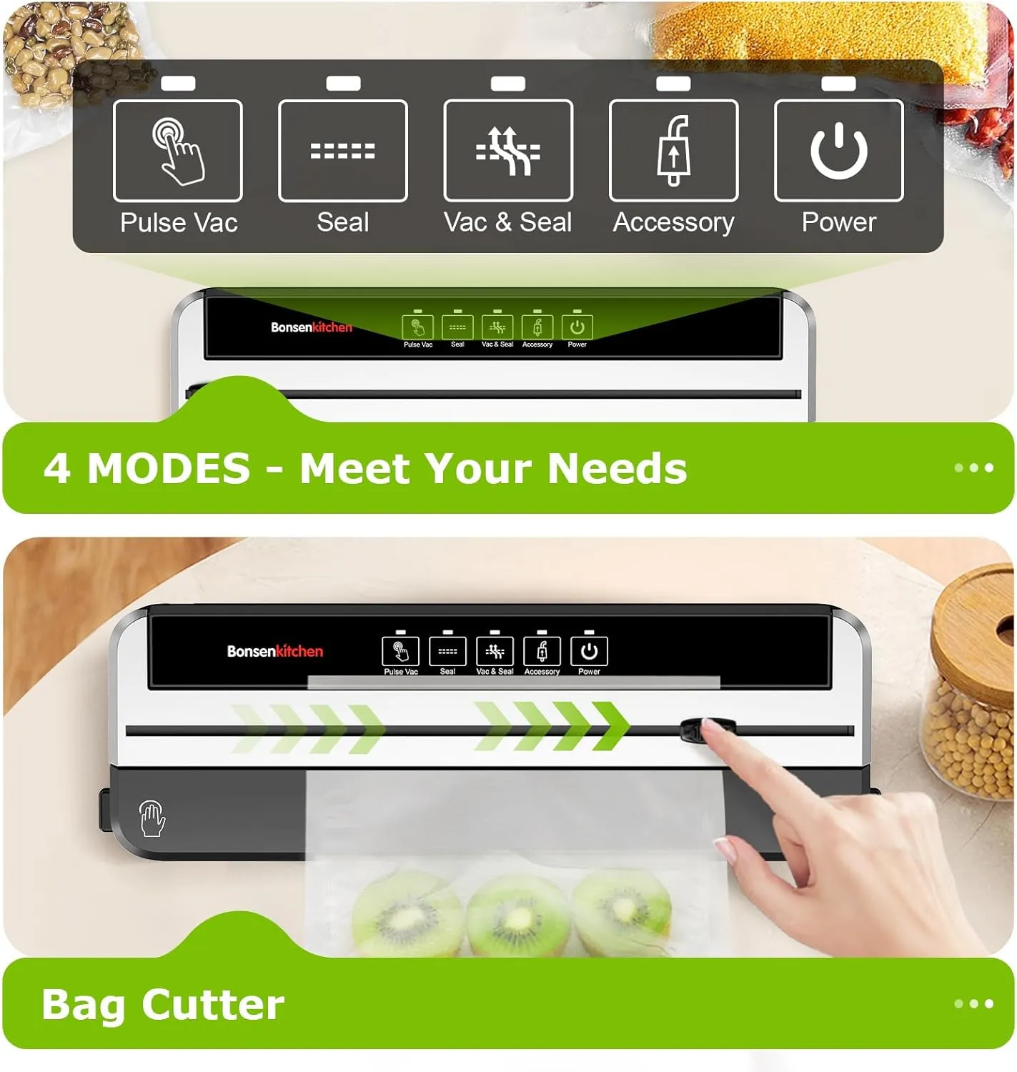 Bonsenkitchen Food Vacuum Sealer, Multi-functional & Compact Vacuum Sealer Machine with 10 Vacuum Bags | Bag Cutter | (Silver)