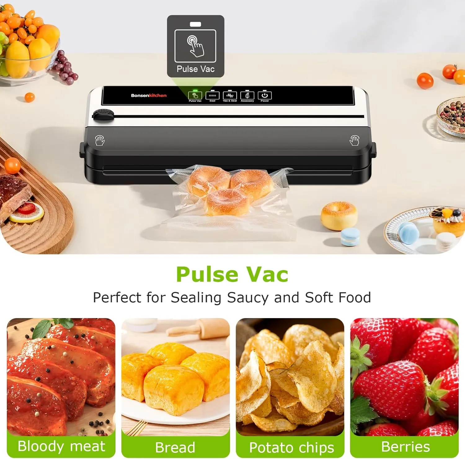 Bonsenkitchen Food Vacuum Sealer, Multi-functional & Compact Vacuum Sealer Machine with 10 Vacuum Bags | Bag Cutter | (Silver)