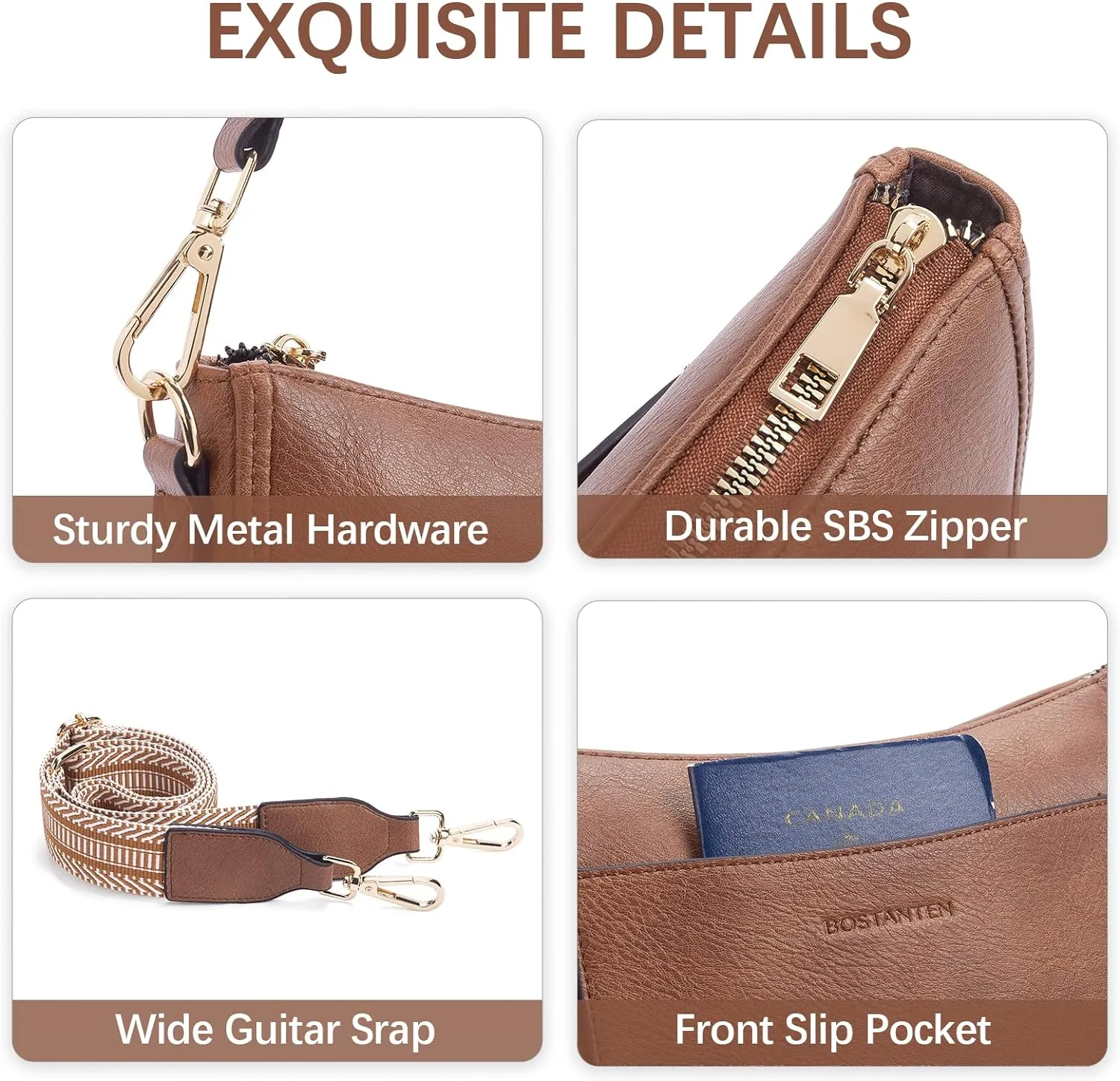 BOSTANTEN Crossbody Bags for Women Trendy Vegan Leather Hobo Handbags Fashion Shoulder Purse with Adjustable Guitar Strap