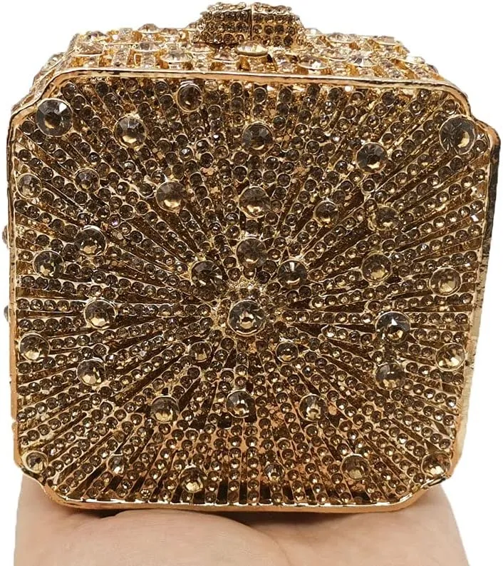 Boutique De FGG Women Metal Box Crystal Clutch Purse Evening Bag Wedding Bridal Rhinestone Handbags Party Clutch Bag,Mini