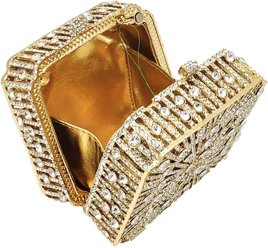 Boutique De FGG Women Metal Box Crystal Clutch Purse Evening Bag Wedding Bridal Rhinestone Handbags Party Clutch Bag,Mini