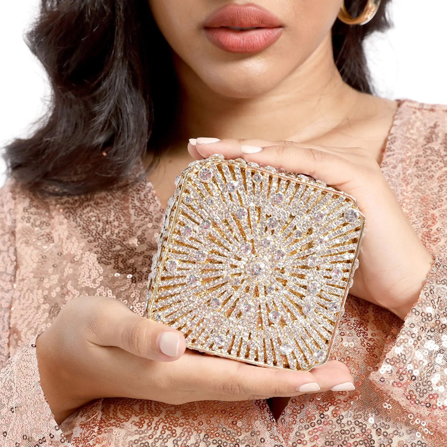 Boutique De FGG Women Metal Box Crystal Clutch Purse Evening Bag Wedding Bridal Rhinestone Handbags Party Clutch Bag,Mini