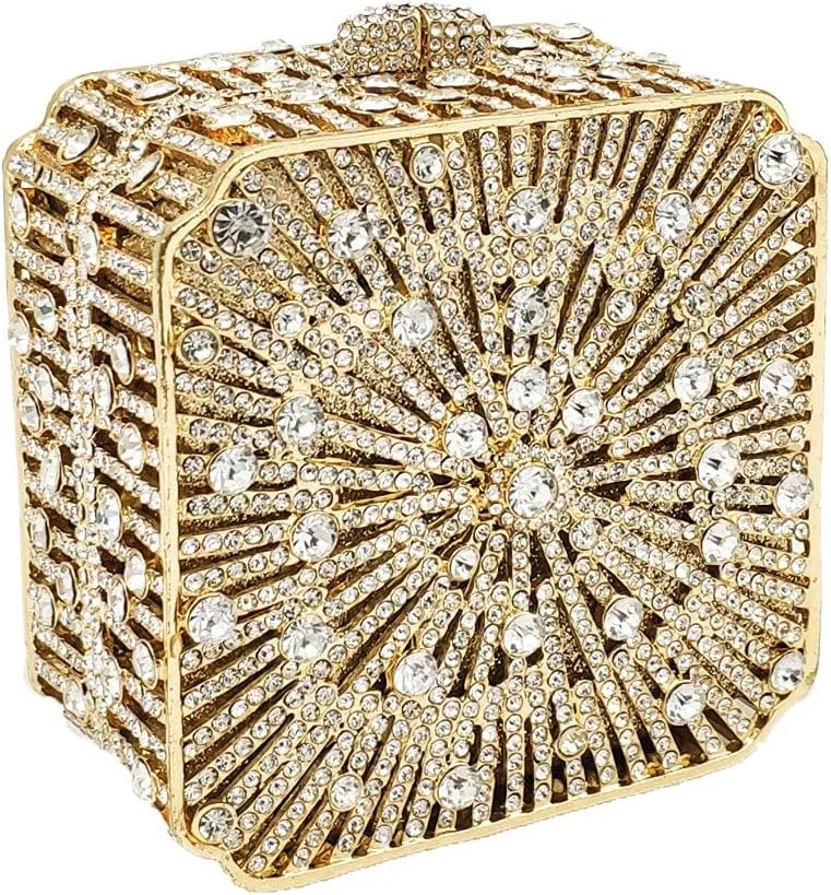 Boutique De FGG Women Metal Box Crystal Clutch Purse Evening Bag Wedding Bridal Rhinestone Handbags Party Clutch Bag,Mini