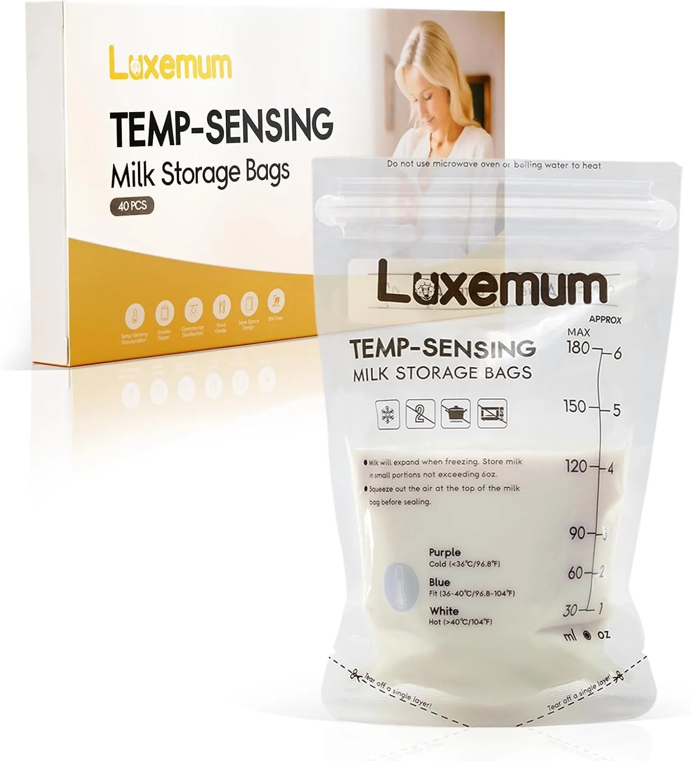 Breast Milk Storage Bags 40pcs, Breast Milk Bags 180ml BPA-Free w/Temp-Sensing&Pour Spout for Breastfeeding, Self-Standing & Pre-sterilised Pouches w/No-Leak Zipper for Freeze & thaw