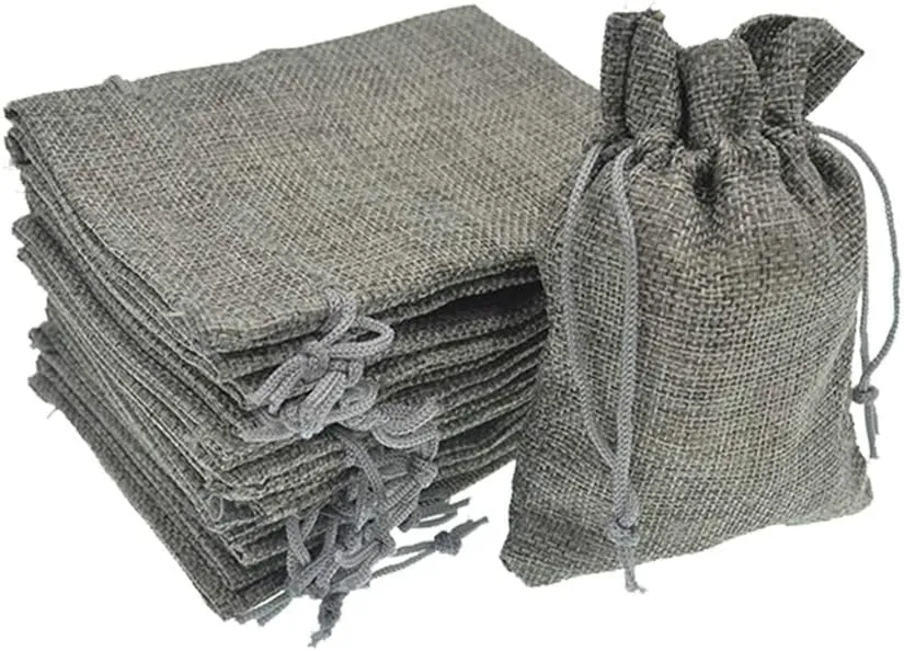 Burlap Bags 3.9 x 5.5, Small Drawstring Gift Bags, Linen Wedding Party Christmas Favor Sacks Jewelry Candy Pouches 20Pcs (Gray)