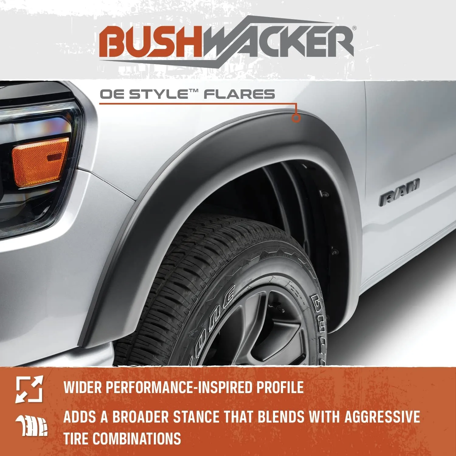Bushwacker OE Style Color-Matched Front & Rear Fender Flares | 4 pcs. Billet Silver Metallic, Smooth Finish | 50928-95 | Fits 2022-2024 Ram 1500 (Excludes Rebel & TRX Models)