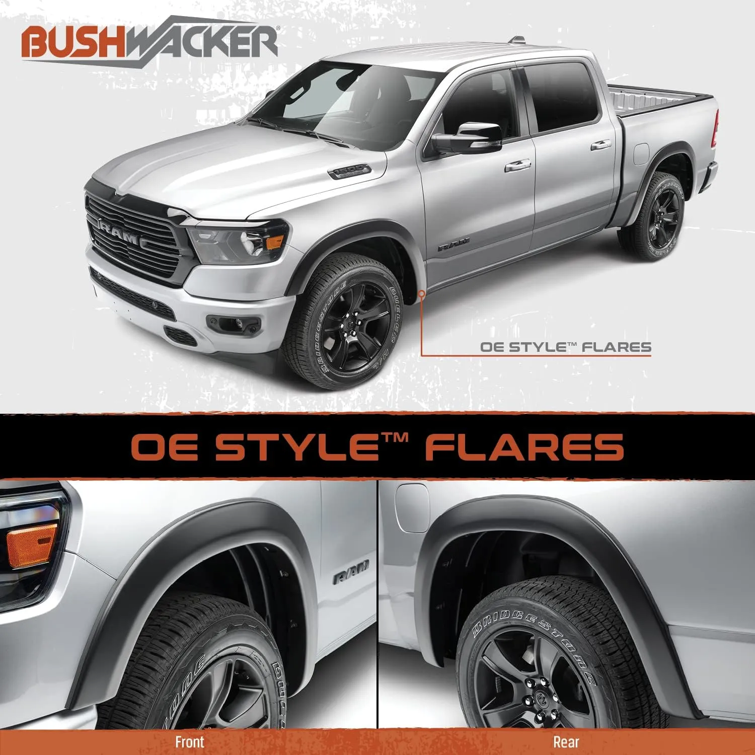 Bushwacker OE Style Color-Matched Front & Rear Fender Flares | 4 pcs. Billet Silver Metallic, Smooth Finish | 50928-95 | Fits 2022-2024 Ram 1500 (Excludes Rebel & TRX Models)