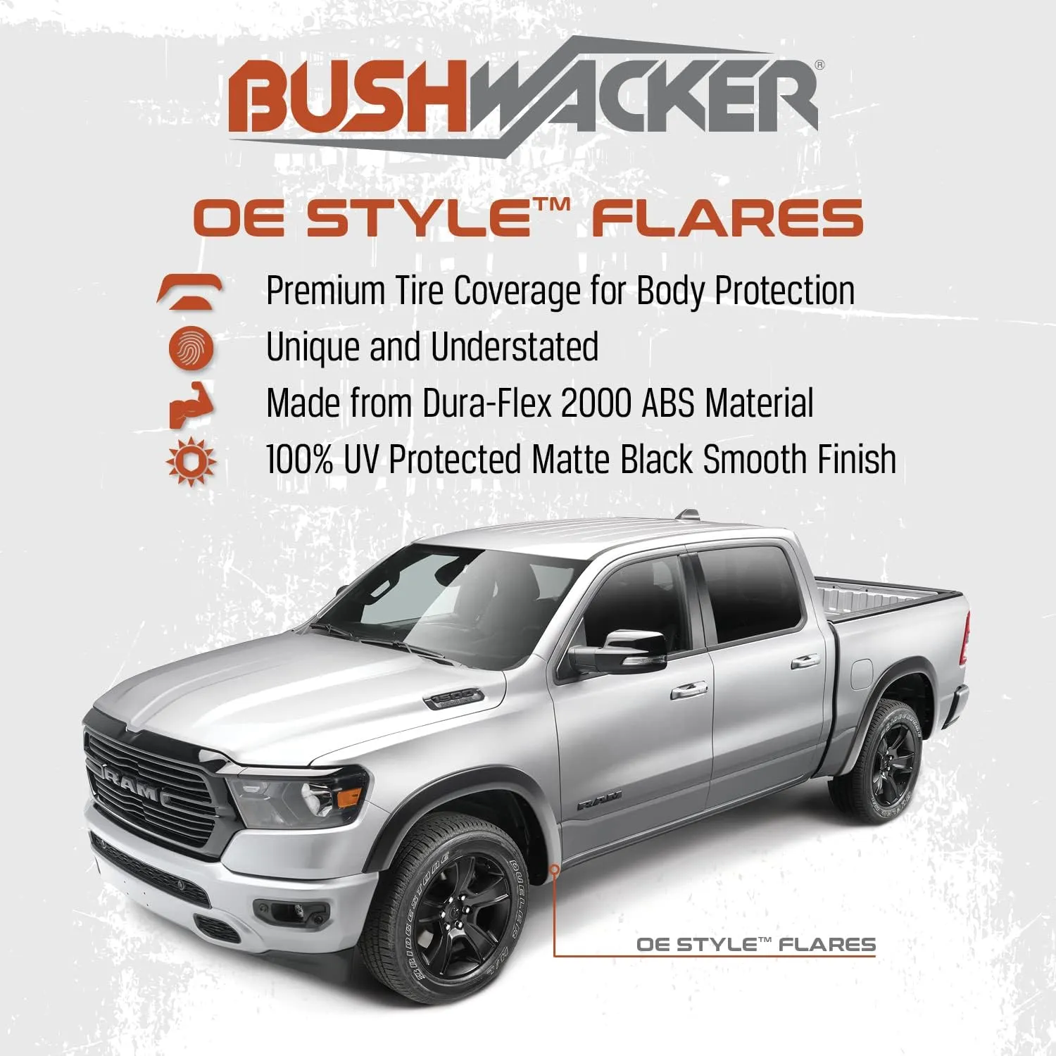 Bushwacker OE Style Color-Matched Front & Rear Fender Flares | 4 pcs. Billet Silver Metallic, Smooth Finish | 50928-95 | Fits 2022-2024 Ram 1500 (Excludes Rebel & TRX Models)