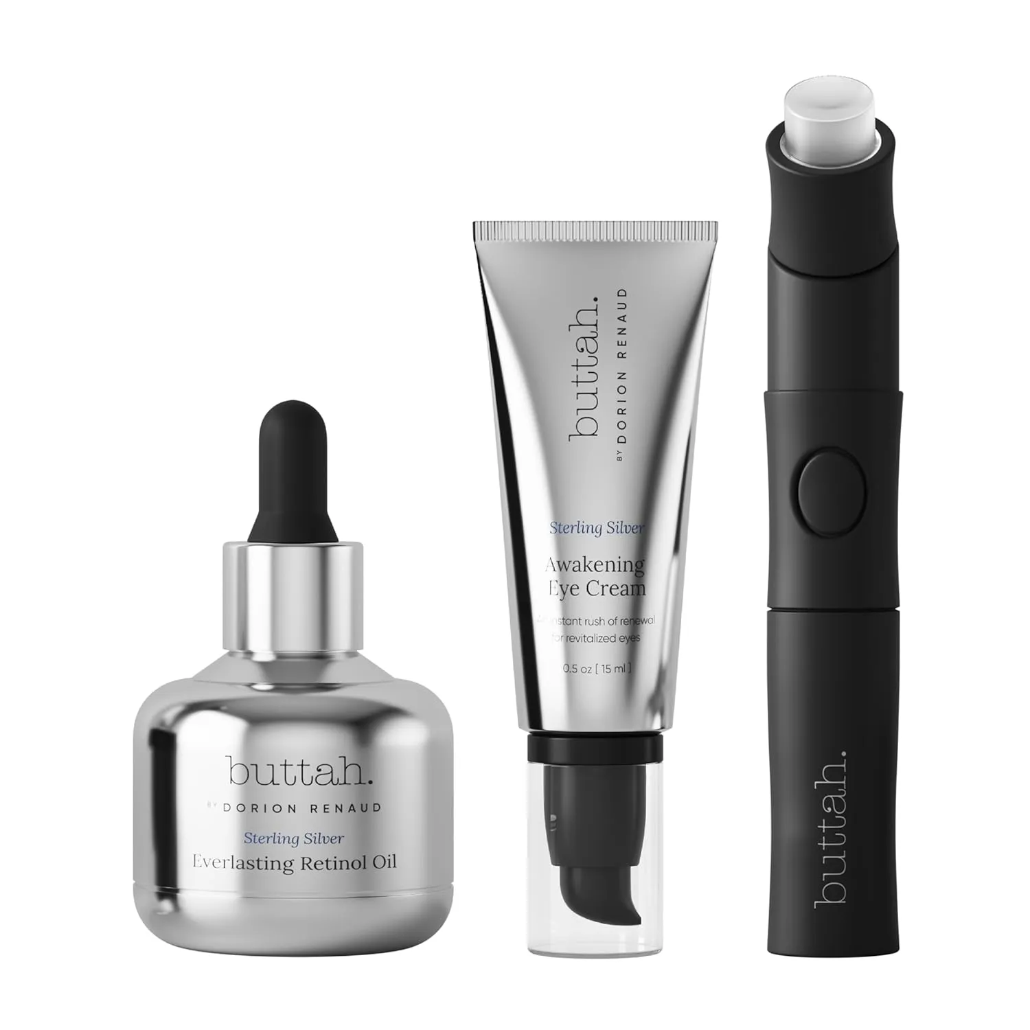 Buttah Skin Sterling Silver Kit for Radiant Beauty - Sterling Silver Kit includes Everlasting Retinol Oil, Awakening Eye Cream, Uplift & Smooth Face Wand. Enhance Your Skin Clarity With This Sterling