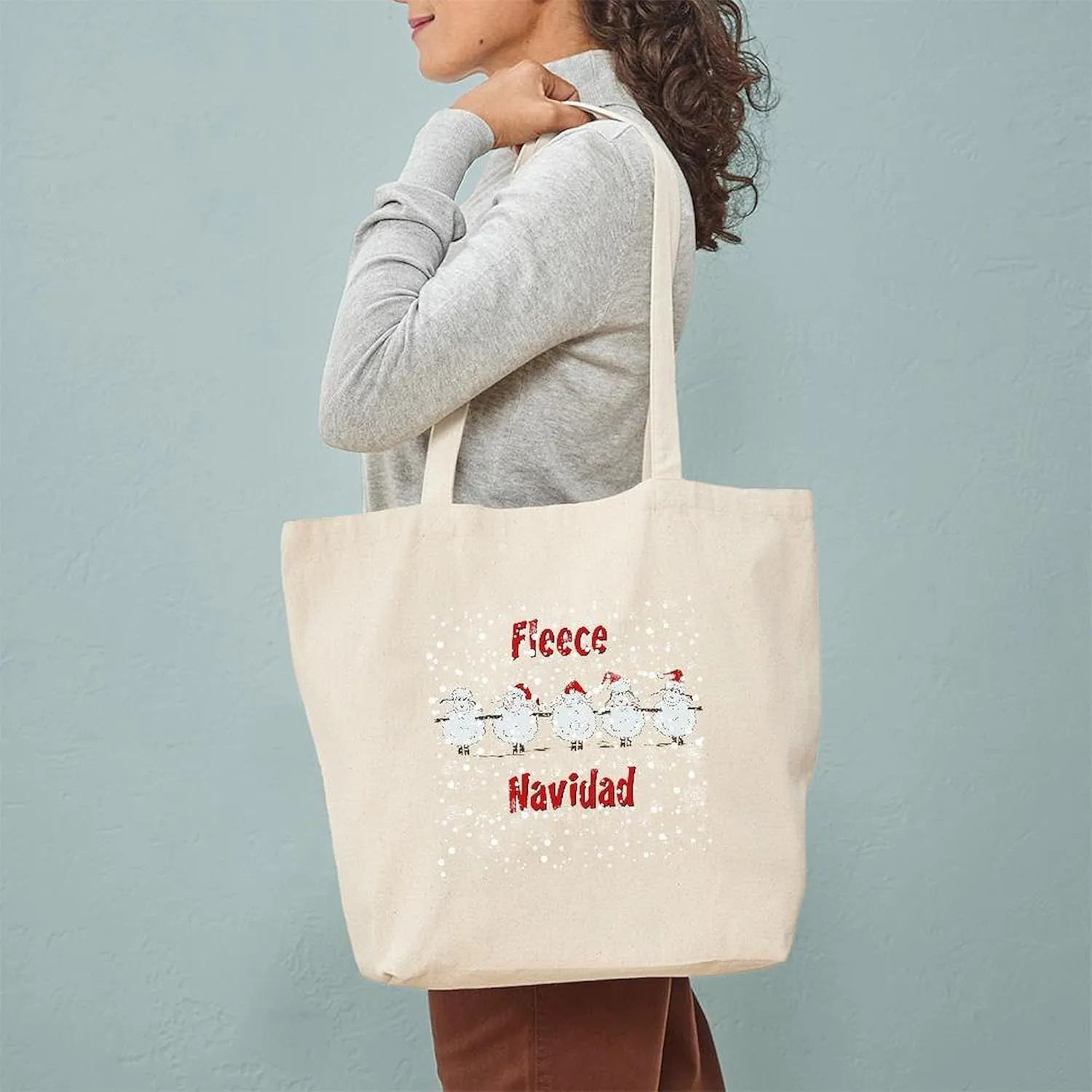 CafePress FUNNY Christmas Fleece Navidad Sheep Tote Bag Reusable Natural Beige Canvas Shopping Bag