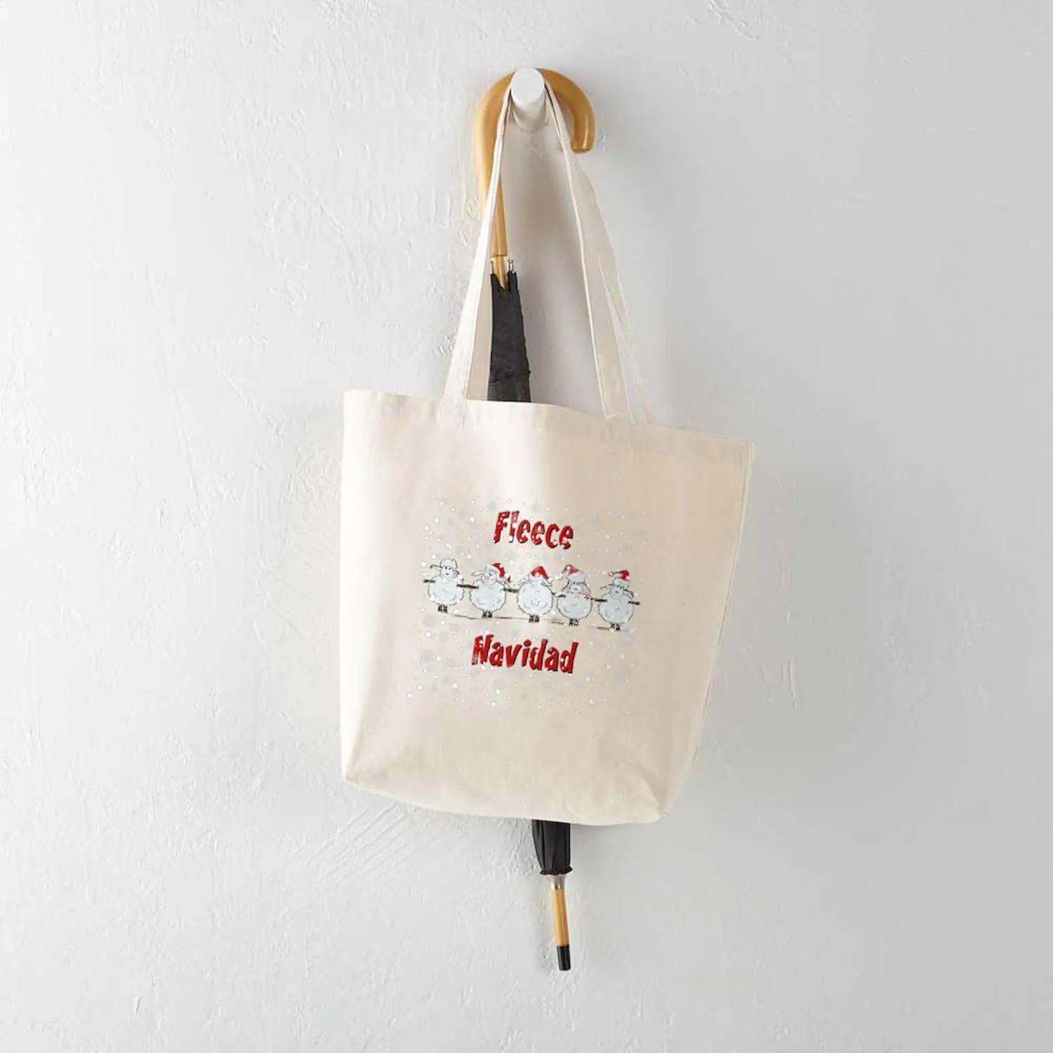 CafePress FUNNY Christmas Fleece Navidad Sheep Tote Bag Reusable Natural Beige Canvas Shopping Bag