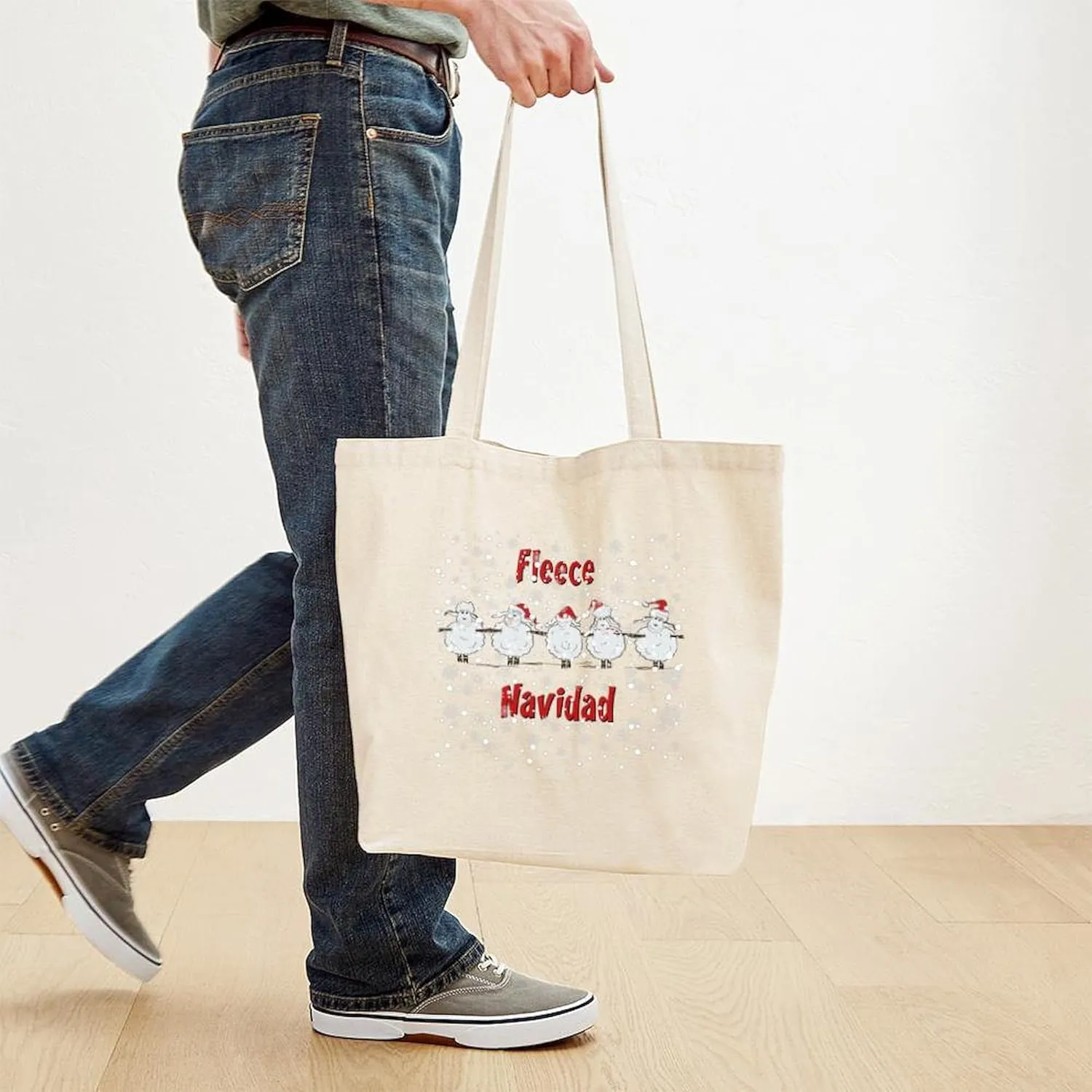 CafePress FUNNY Christmas Fleece Navidad Sheep Tote Bag Reusable Natural Beige Canvas Shopping Bag