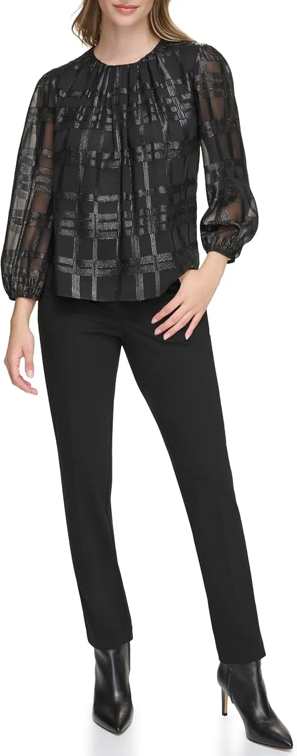 Calvin Klein Women's Long Sleeve Metallic Windowpane Blouse