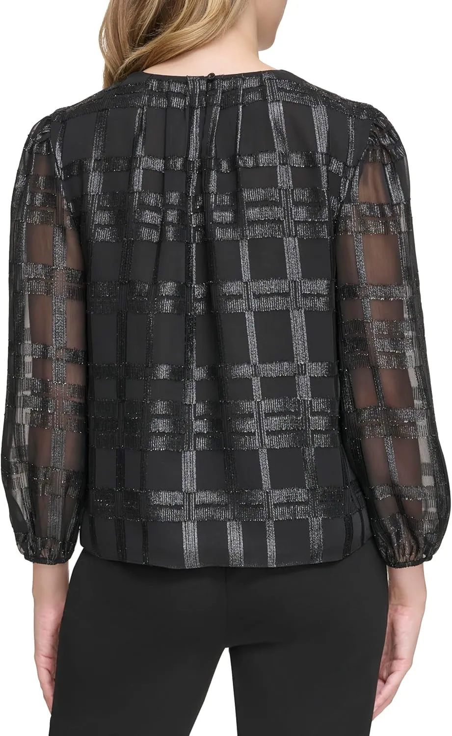 Calvin Klein Women's Long Sleeve Metallic Windowpane Blouse