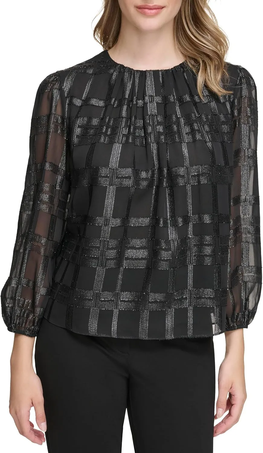 Calvin Klein Women's Long Sleeve Metallic Windowpane Blouse