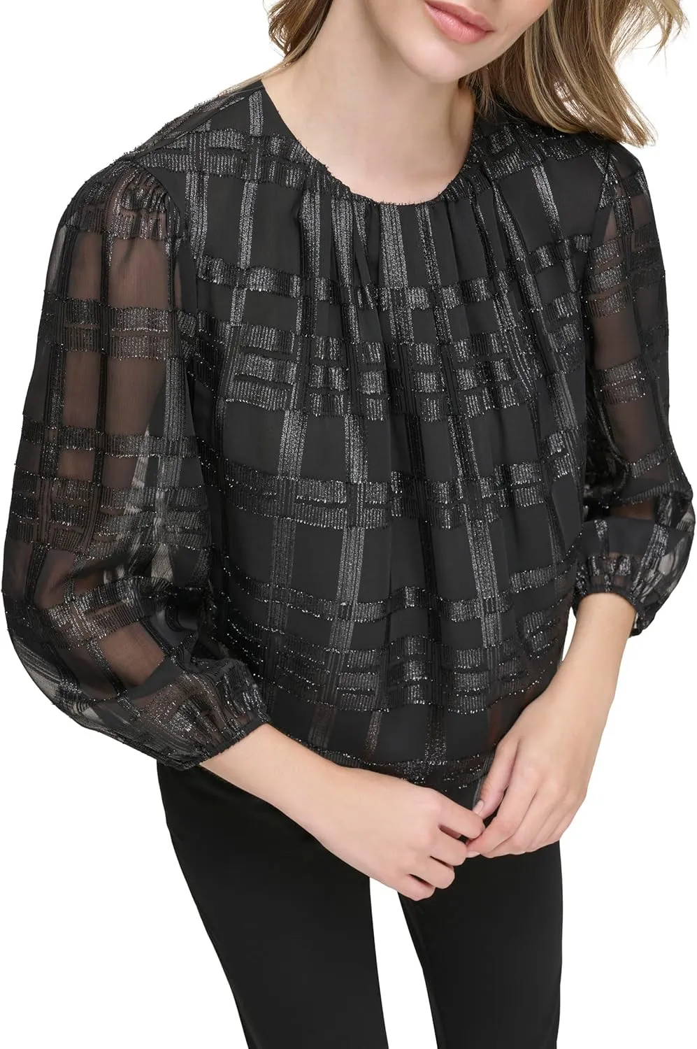 Calvin Klein Women's Long Sleeve Metallic Windowpane Blouse