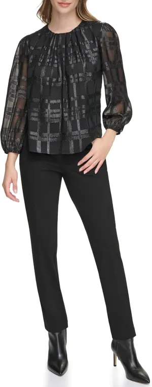 Calvin Klein Women's Long Sleeve Metallic Windowpane Blouse