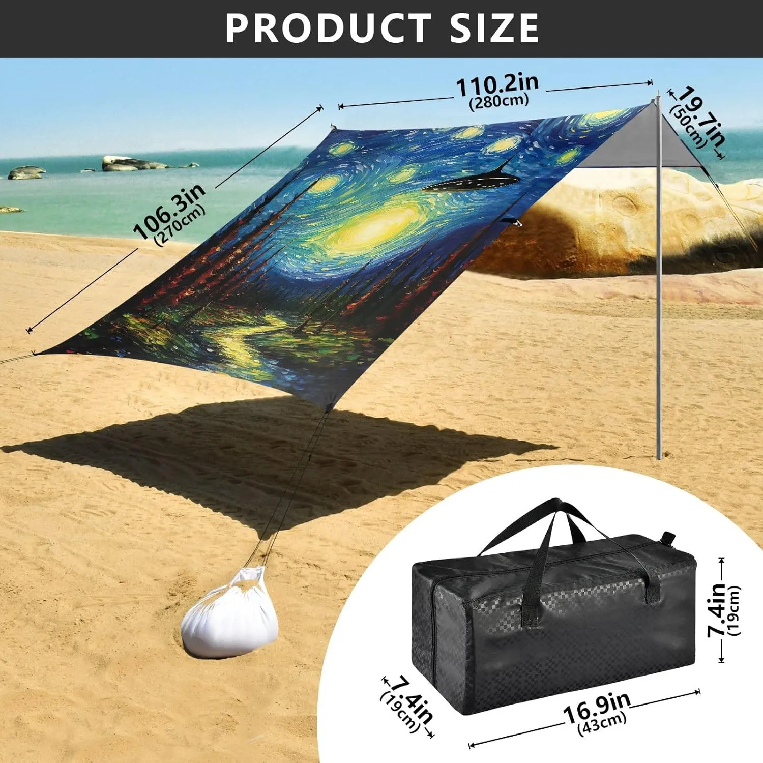 Canopy Tent Beach UFO Starry Night Fairland Patio Sun Shade Outdoor 9.2 × 10.5 FT Family Camping Shelter Backyard Windproof with Sand Bags Poles