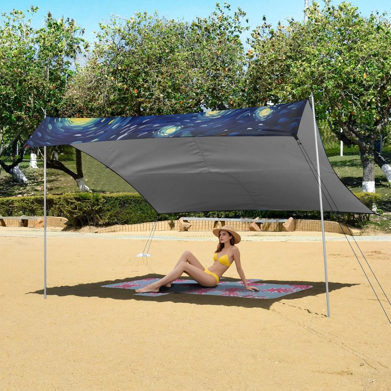 Canopy Tent Beach UFO Starry Night Fairland Patio Sun Shade Outdoor 9.2 × 10.5 FT Family Camping Shelter Backyard Windproof with Sand Bags Poles