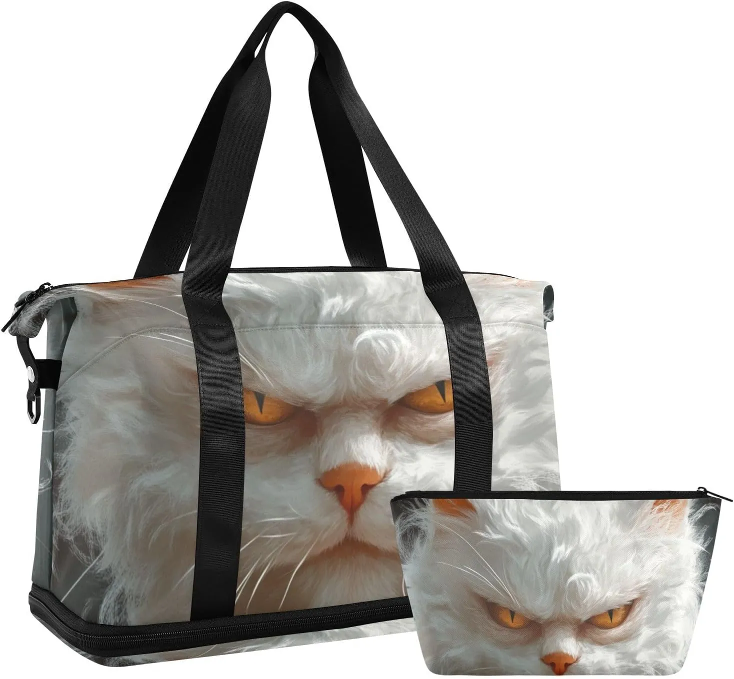 Cartoon Funny Turkish Angora Cats Anger Workout Bag Travel Overnight Carry on Bag with Adjustable Strap for Business Trips Waterproof