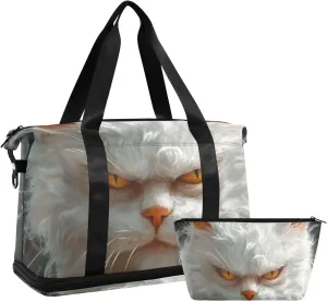Cartoon Funny Turkish Angora Cats Anger Workout Bag Travel Overnight Carry on Bag with Adjustable Strap for Business Trips Waterproof