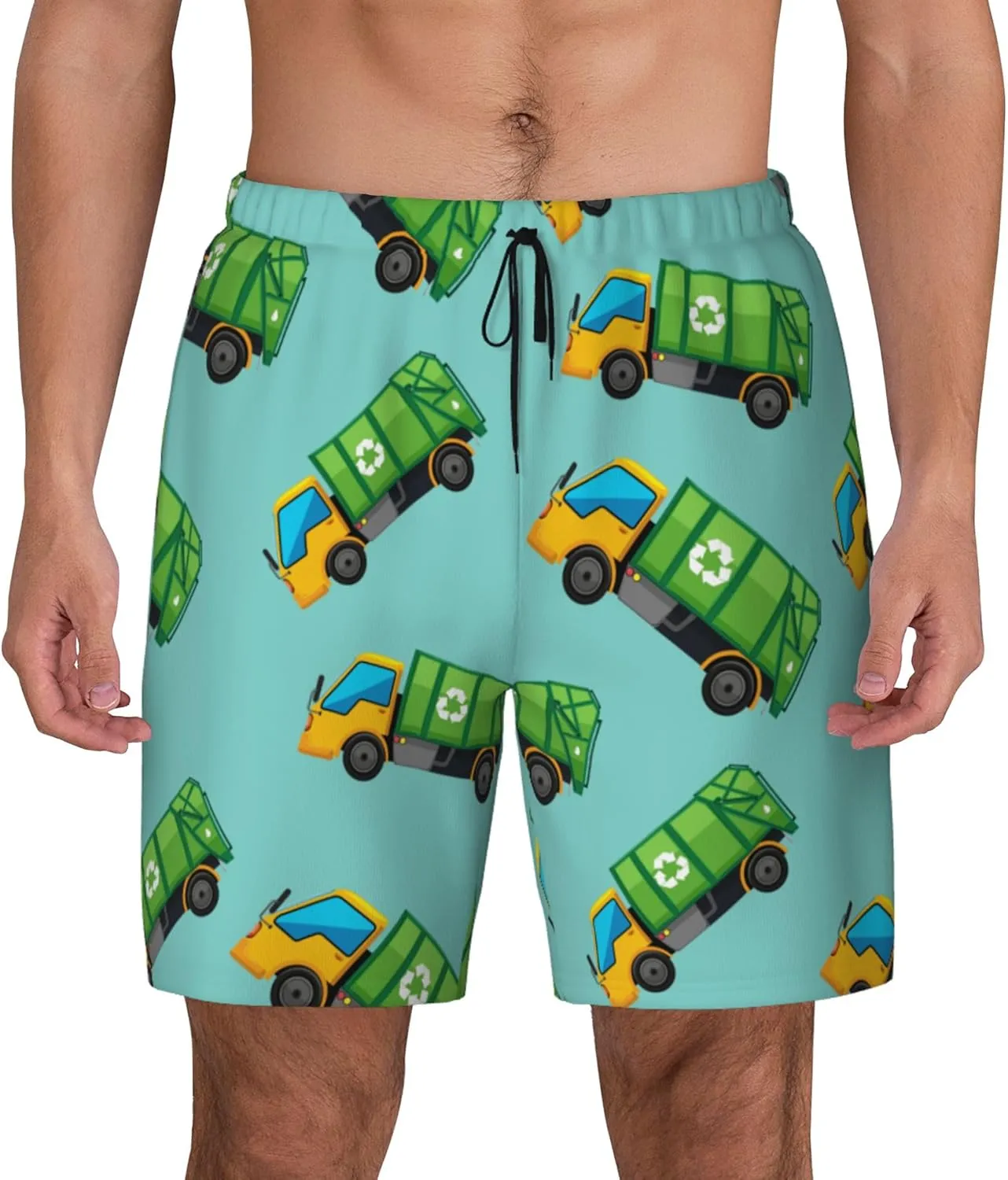 Cartoon Garbage Truck Mens Double Layer Swim Trunks Summer Casual Board Shorts