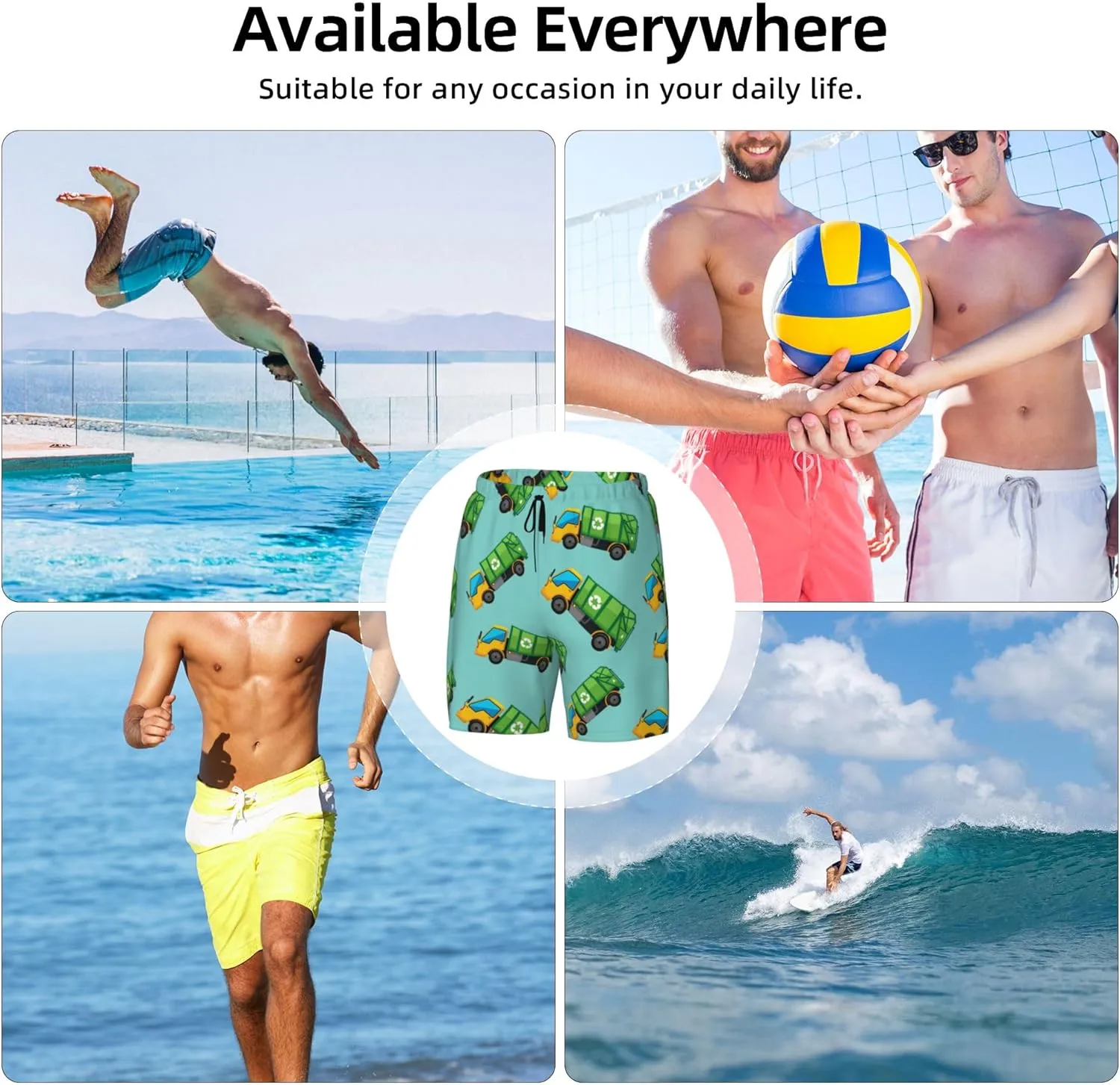 Cartoon Garbage Truck Mens Double Layer Swim Trunks Summer Casual Board Shorts