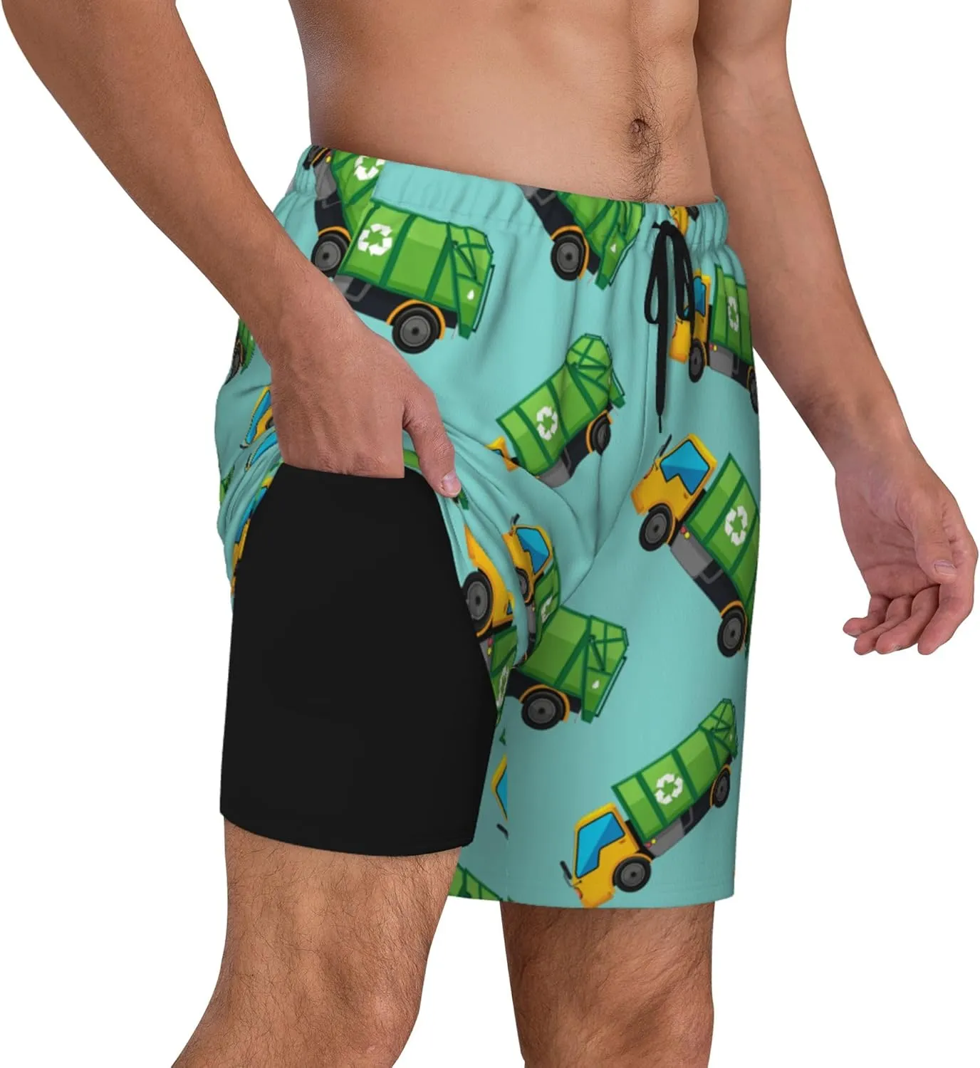 Cartoon Garbage Truck Mens Double Layer Swim Trunks Summer Casual Board Shorts