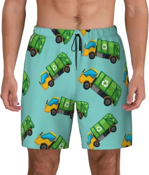 Cartoon Garbage Truck Mens Double Layer Swim Trunks Summer Casual Board Shorts