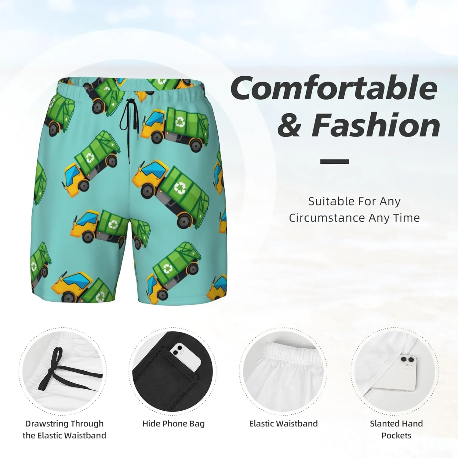 Cartoon Garbage Truck Mens Double Layer Swim Trunks Summer Casual Board Shorts