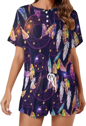 Casual Dreamcatcher Home 2 Piece Ladies Pajamas Short Sleeve Sleepwear Set with Pockets