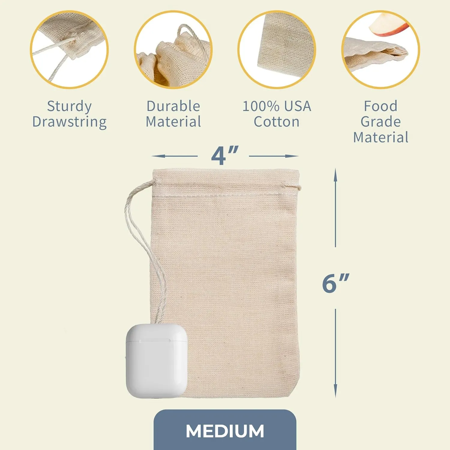 Celestial Gifts Muslin Bags 100pcs 4x6, 100% Cotton Drawstring Bags for Party Favors, Parts, Cowboy Cofee and Spices - Made in USA (Natural Hem & Drawstring)