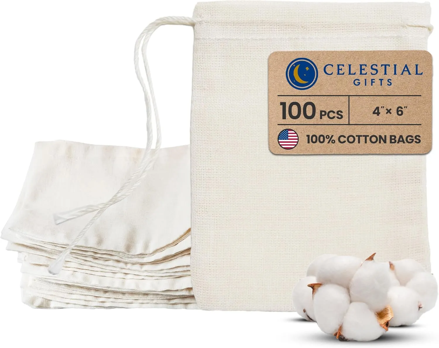 Celestial Gifts Muslin Bags 100pcs 4x6, 100% Cotton Drawstring Bags for Party Favors, Parts, Cowboy Cofee and Spices - Made in USA (Natural Hem & Drawstring)