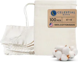 Celestial Gifts Muslin Bags 100pcs 4x6, 100% Cotton Drawstring Bags for Party Favors, Parts, Cowboy Cofee and Spices - Made in USA (Natural Hem & Drawstring)