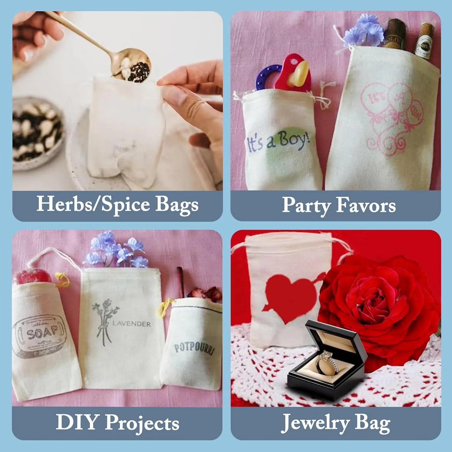 Celestial Gifts Muslin Bags 100pcs 4x6, 100% Cotton Drawstring Bags for Party Favors, Parts, Cowboy Cofee and Spices - Made in USA (Natural Hem & Drawstring)