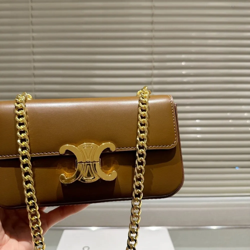 CELINE CHAIN TRIOMPHE IN SHINY CALFSKIN SHOULDER BAG SILVER GOLDEN BROWN 20CM
