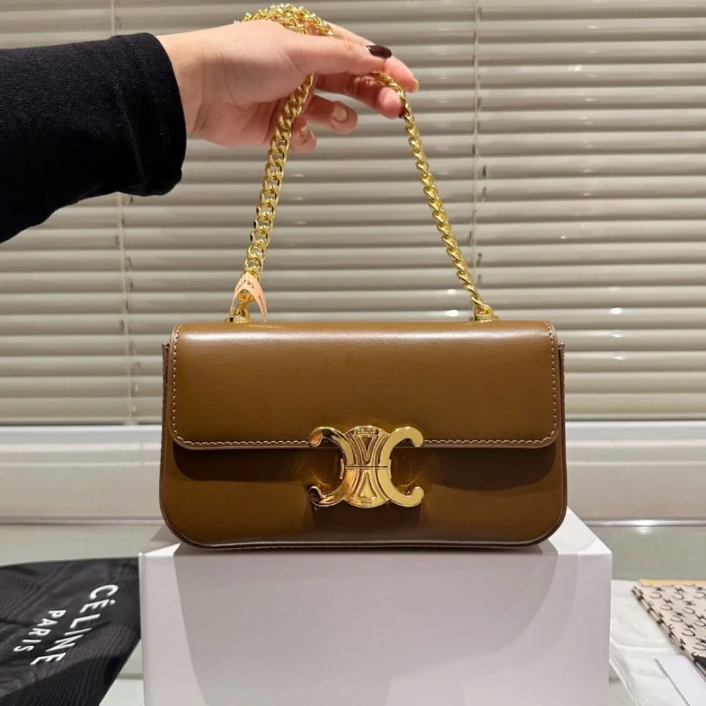 CELINE CHAIN TRIOMPHE IN SHINY CALFSKIN SHOULDER BAG SILVER GOLDEN BROWN 20CM