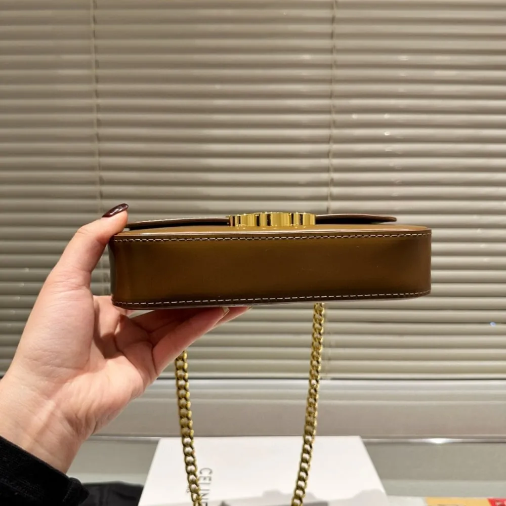 CELINE CHAIN TRIOMPHE IN SHINY CALFSKIN SHOULDER BAG SILVER GOLDEN BROWN 20CM
