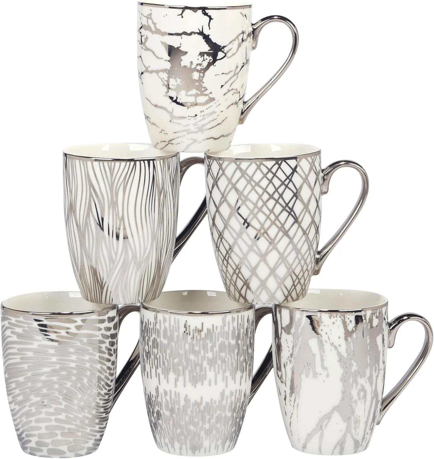 Certified International Matrix Silver Plated Tapered 16 oz. Mugs, Set of 6 Assorted Designs, Multicolor