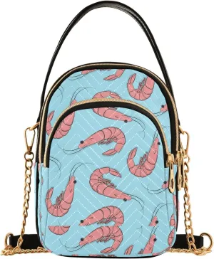 Chain Crossbody Bags for Women Quilted Pink Shrimps on Blue Shoulder Bag Handbag Sea Food Trendy Cross Body Cell Phone Crossbody Purses for Travel Women