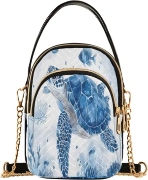 Chain Crossbody Bags for Women Sea Turtle Coral Reef Pattern Blue and Whit Quilted Shoulder Handbags Travel Cross Body Cell Phone Purses Bags